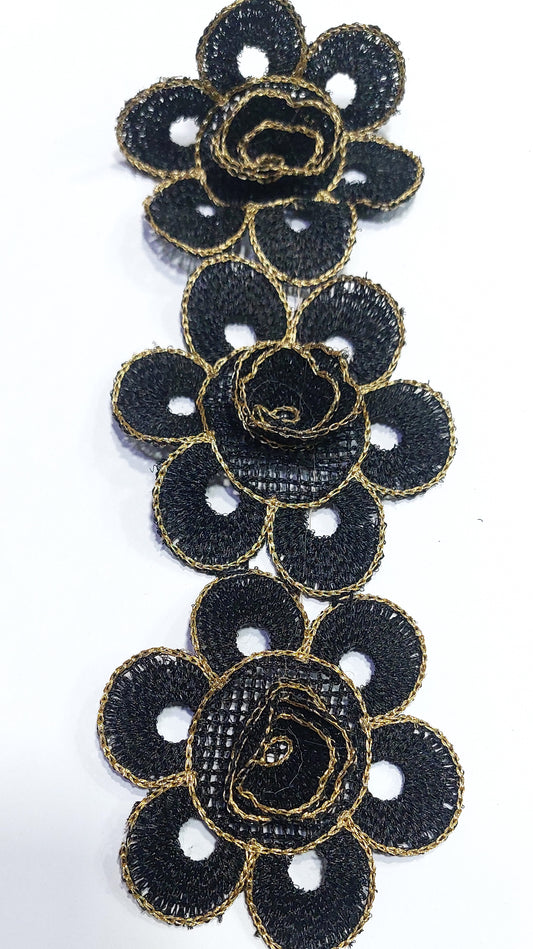 3D Black Color Flower Lace (Black With Gold)