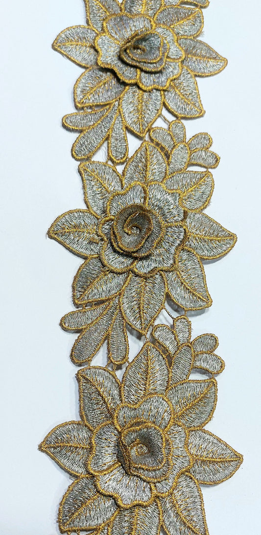 3D Double Colour Applique Lace (Gold With Silver)